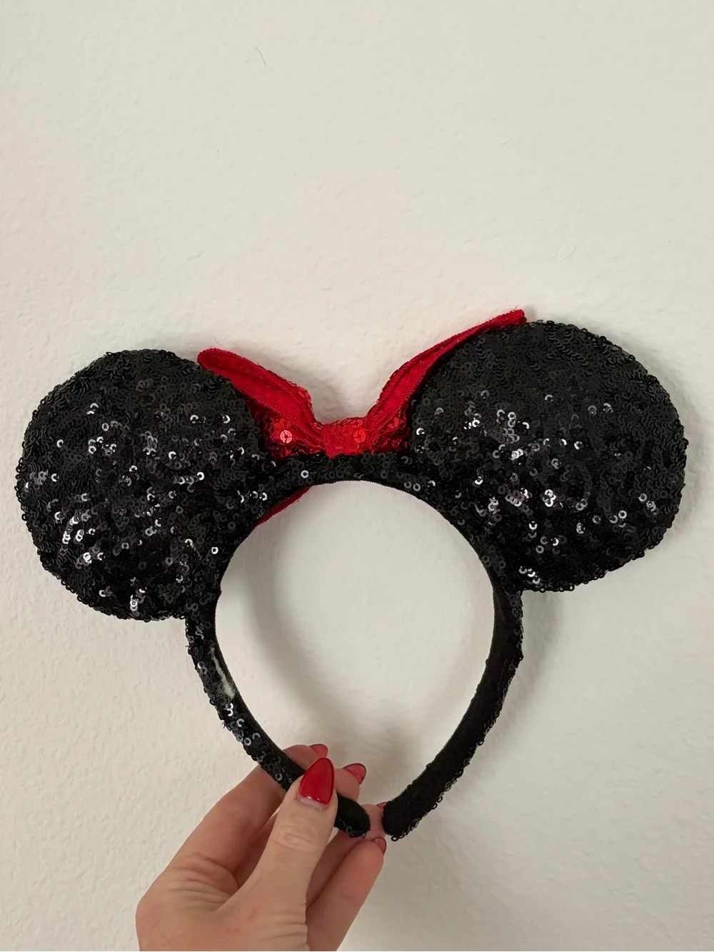 Classic Disney Sequin Minnie Mickey Mouse Ear Headband with Red Bow
